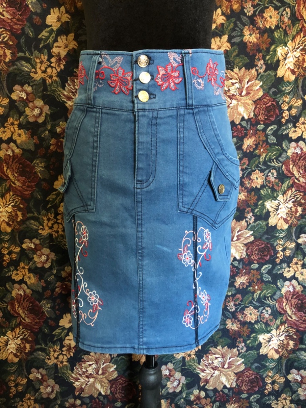 Vintage Y2K Embroidered Corset High Waist Denim Skirt 28 - Picture 2 of 8